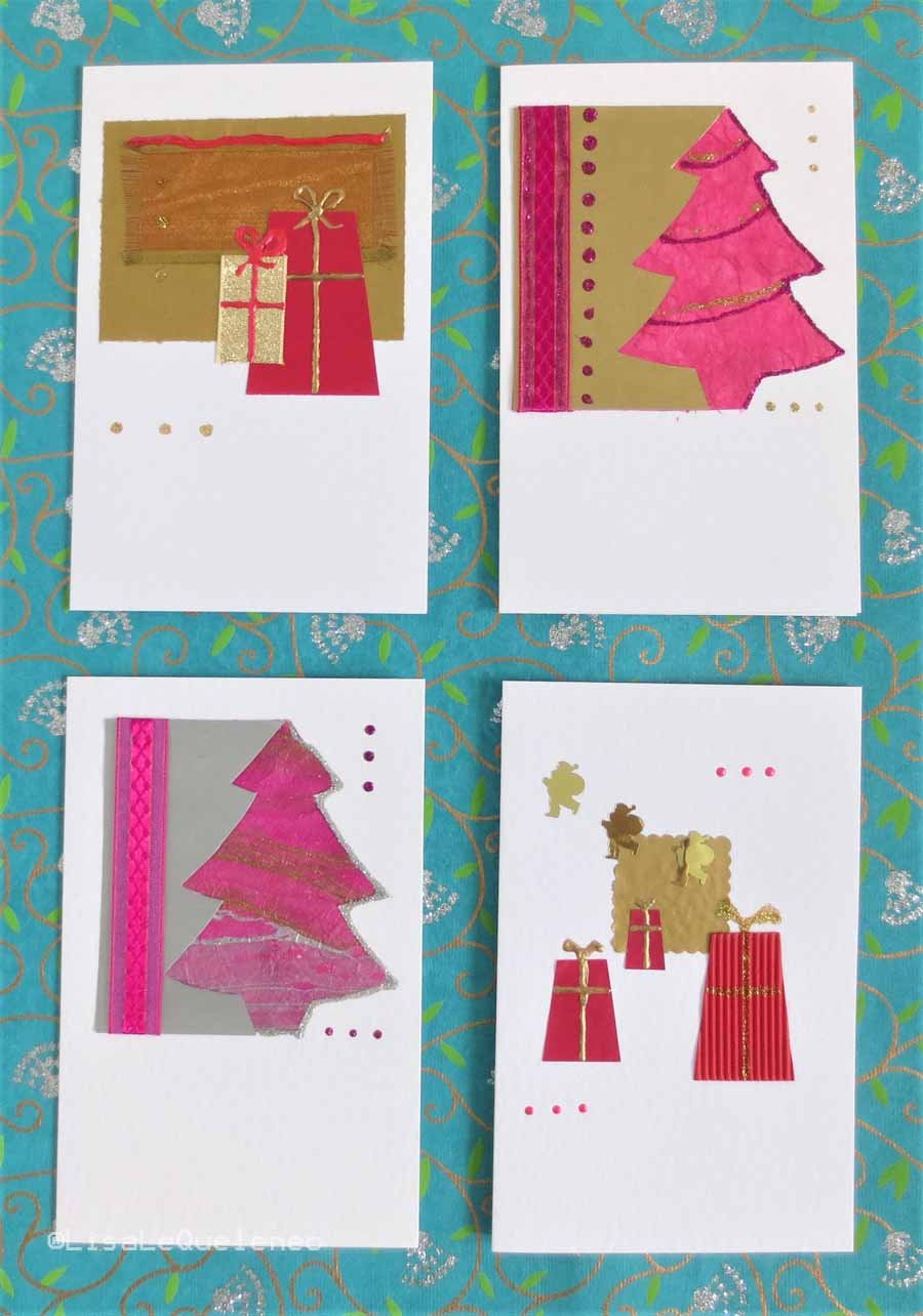 SALE four pack of Christmas cards gift boxe and trees in red and fushia (i)