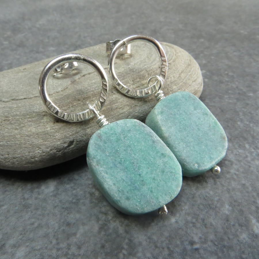 Sterling silver and blue green quartz earrings, Hoop gemstone studs