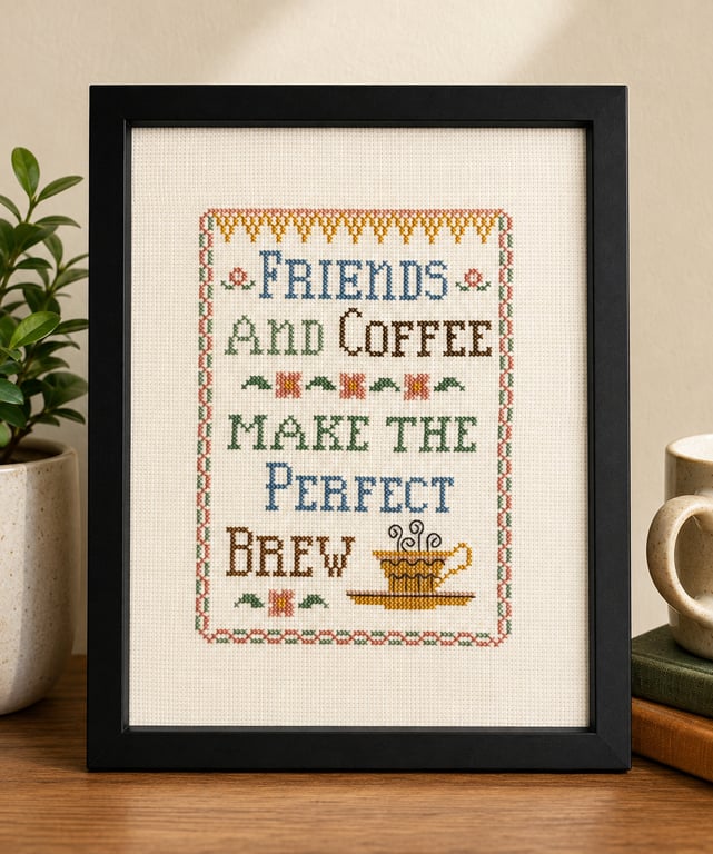 Framed cross stitch picture - Friends & Coffee'