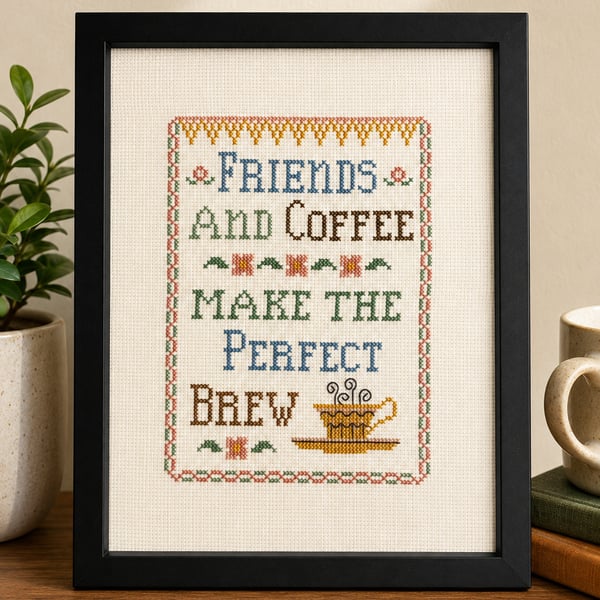 Framed cross stitch picture - Friends & Coffee'