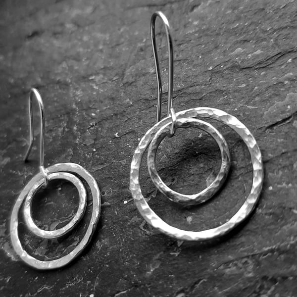 Hammered sterling silver double circle earrings