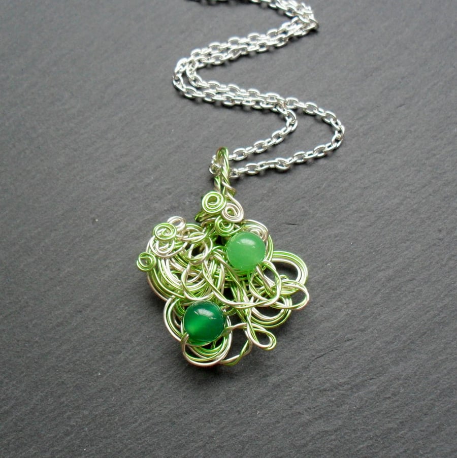 Silver and Green Coloured Wire Wrapped Pendant with Semi Precious Gemstones