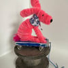 Miniature Pink Rabbit on a Wooden Trolley - OOAK Handmade Sculpture. 