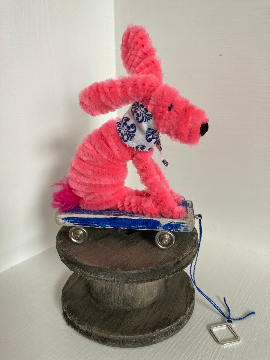 Miniature Pink Rabbit on a Wooden Trolley - OOAK Handmade Sculpture. 