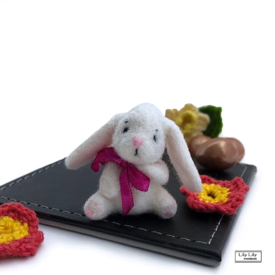 Mollie, Miniature rabbit with bow, needle felted by Lily Lily Handmade
