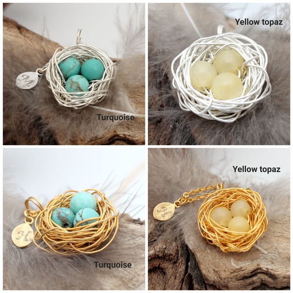 Personalised birds nest necklace 3 gemstone eggs- mother nest pendant 