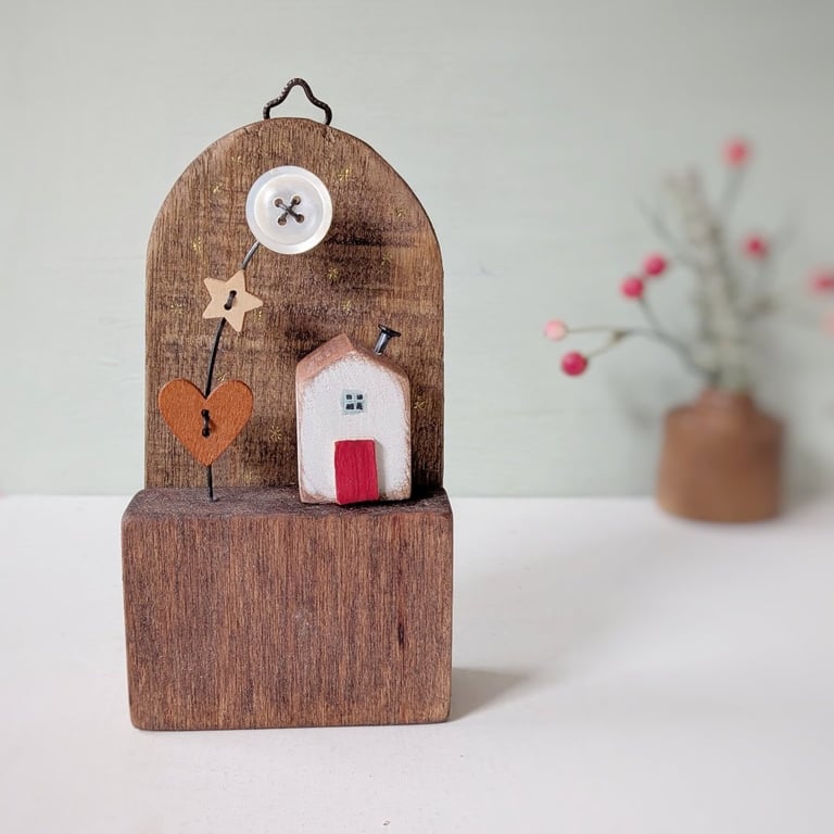 Festive Wooden Cottage Scene with Heart, Star and Button Moon