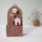 Festive Wooden Cottage Scene with Heart, Star and Button Moon