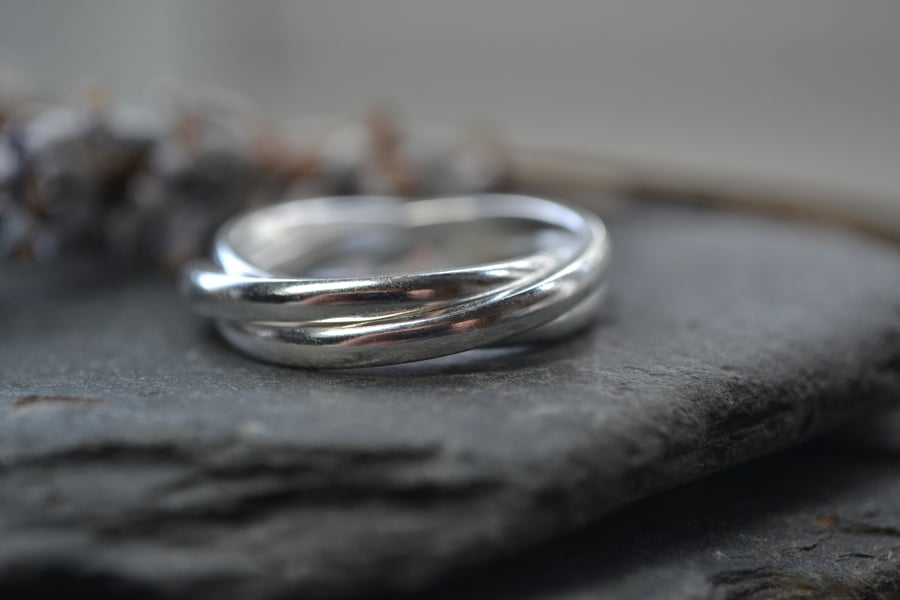 3 band sterling silver ring, russian wedding ring, rolling ring