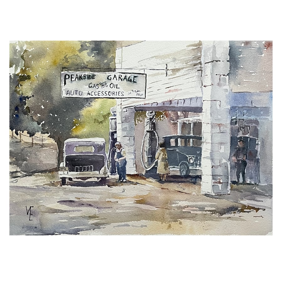 Old Gas Station, original watercolour painting