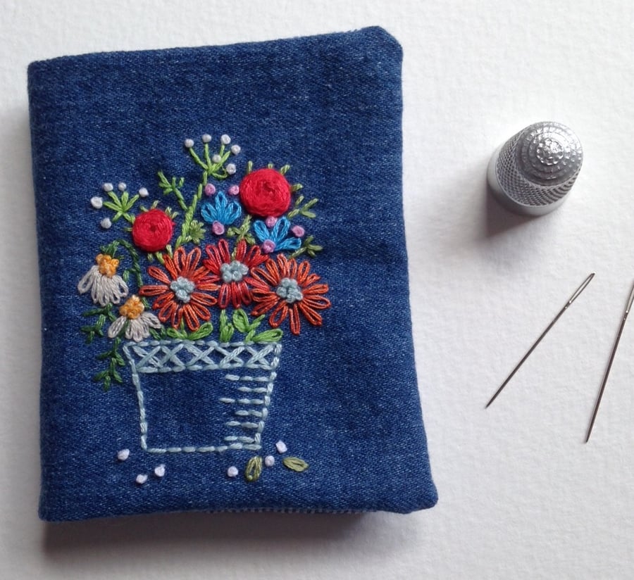 Embroidered denim sewing needlecase