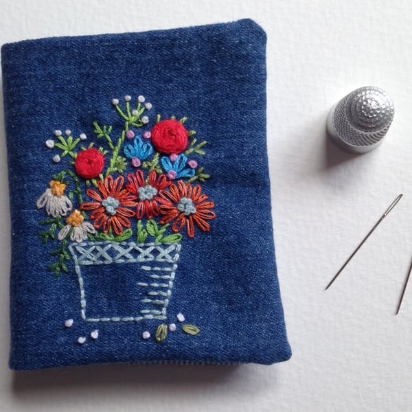 Embroidered denim sewing needlecase