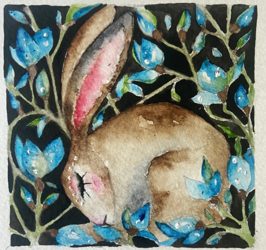 Original Resting Hare Rabbit with Blue Flowers Watercolour 