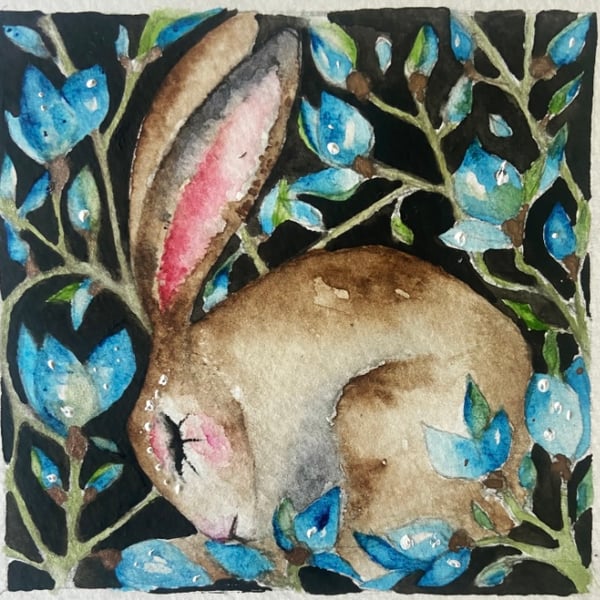 Original Resting Hare Rabbit with Blue Flowers Watercolour 