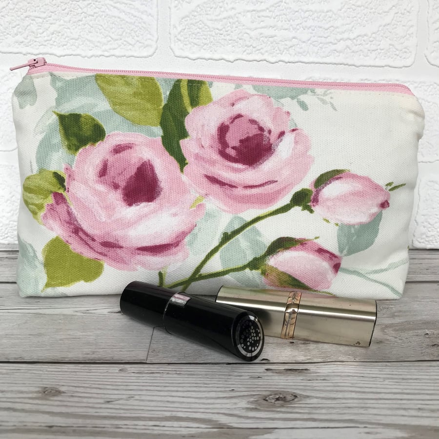 Cosmetic bag, make up bag in ceam and pale blue with pink Roses and rosebuds