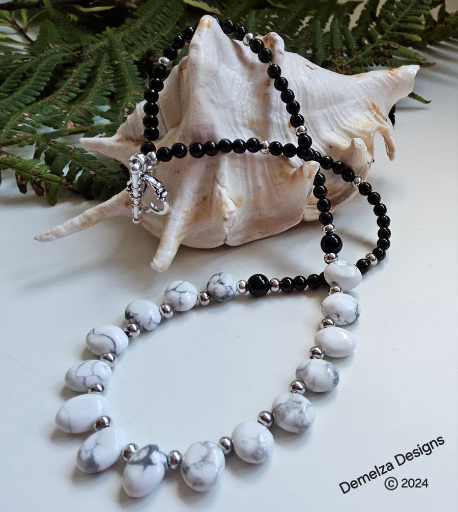 Howlite,  Black Onyx & Black Agate Silver Plated Necklace