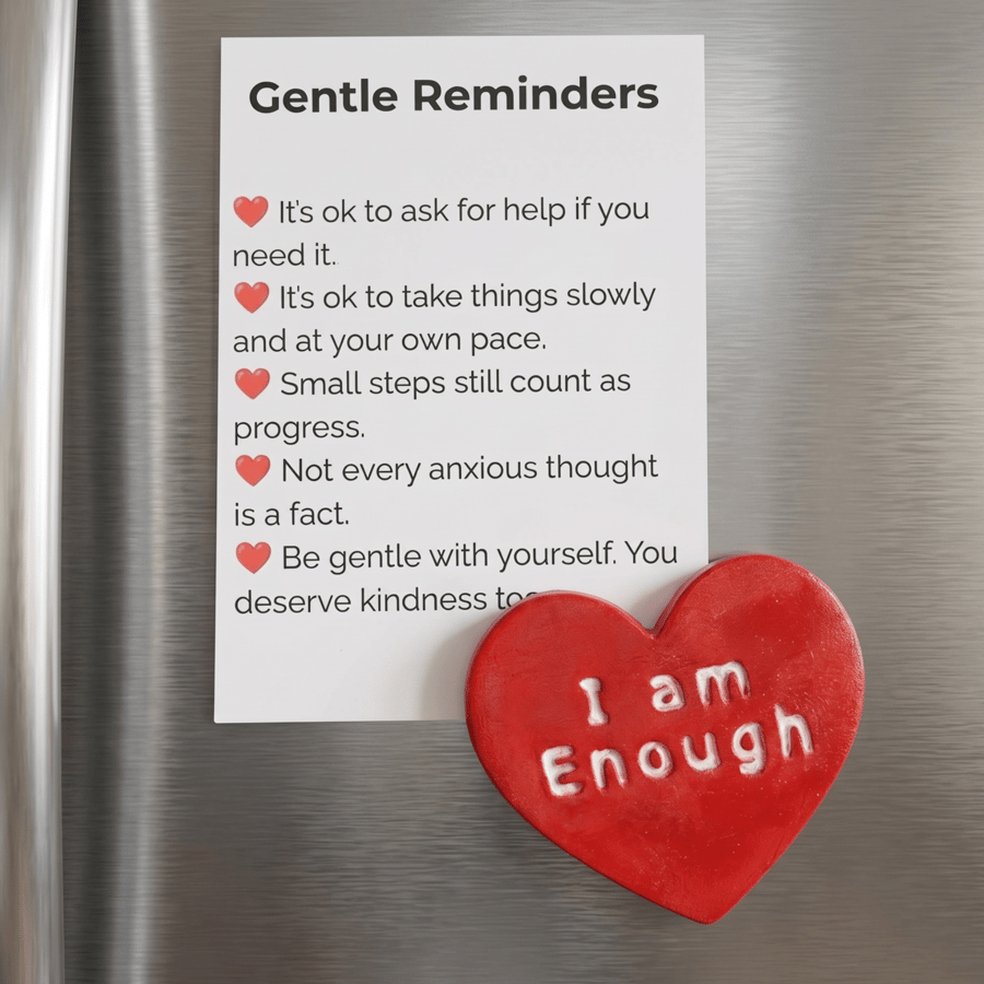 I Am Enough crimson red heart fridge magnet with A7 Gentle Reminders card