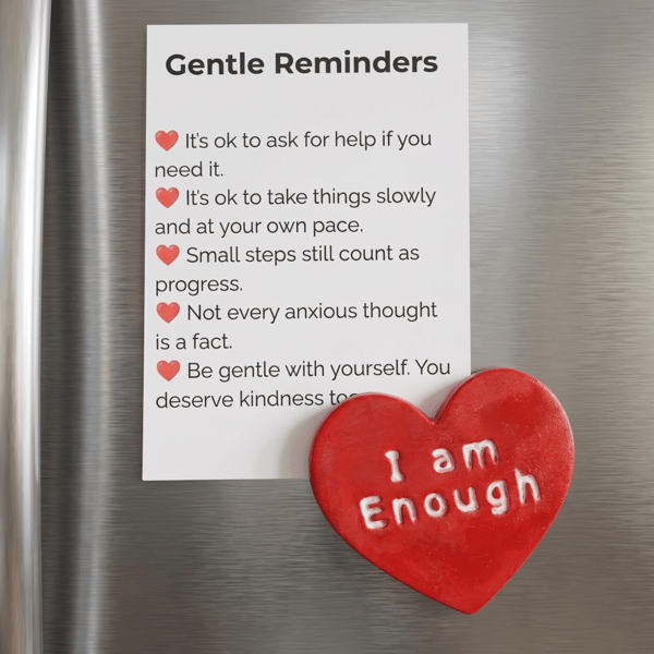 I Am Enough crimson red heart fridge magnet with A7 Gentle Reminders card