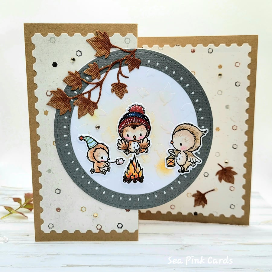 Owls Birthday Card - handcrafted, autumn colours, dimensional, textured