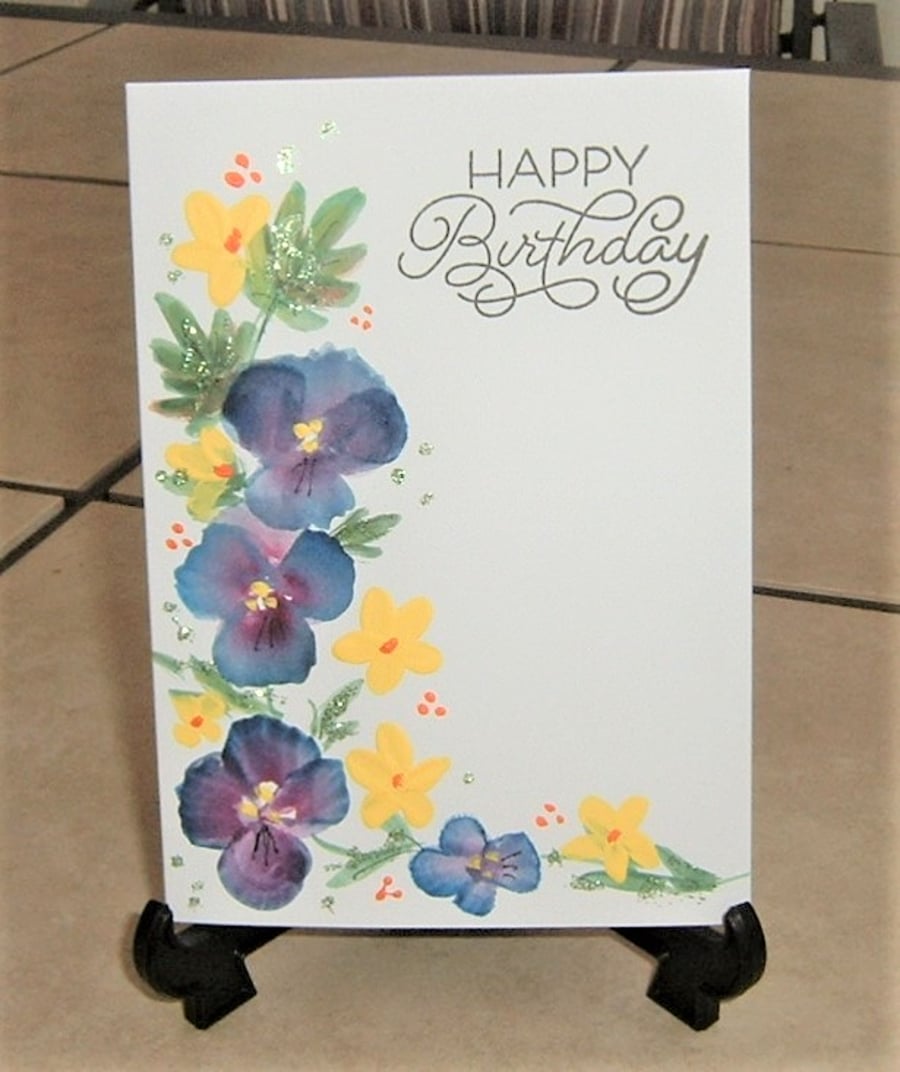 hand painted floral pansies birthday card ( ref F 332)