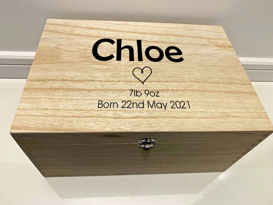 Large Personalised Engraved Wooden Baby Initial Keepsake Box with Heart