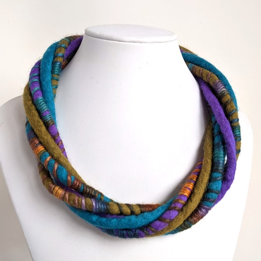 The Wrapped Twist: felted cord necklace in purple, olive and aquamarine (V ii) 