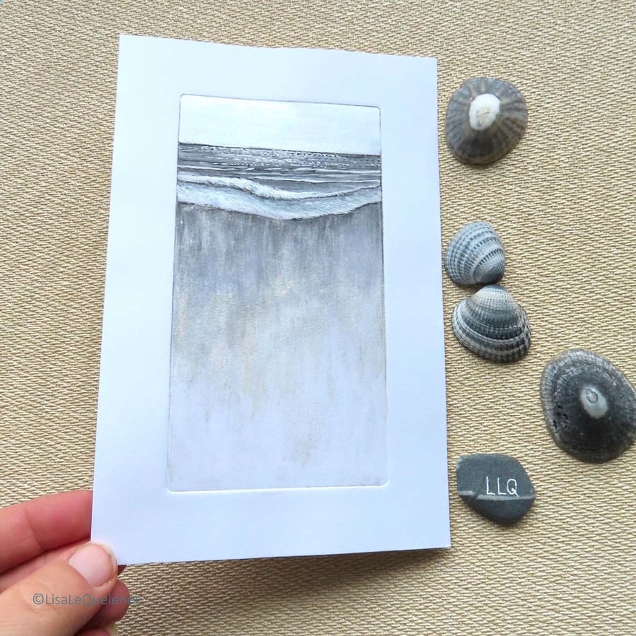 Original mixed media and drypoint beach shoreline seascape OOAK