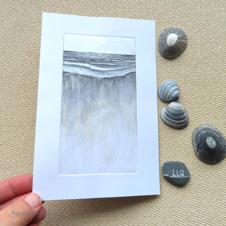 Original mixed media and drypoint beach shoreline seascape OOAK