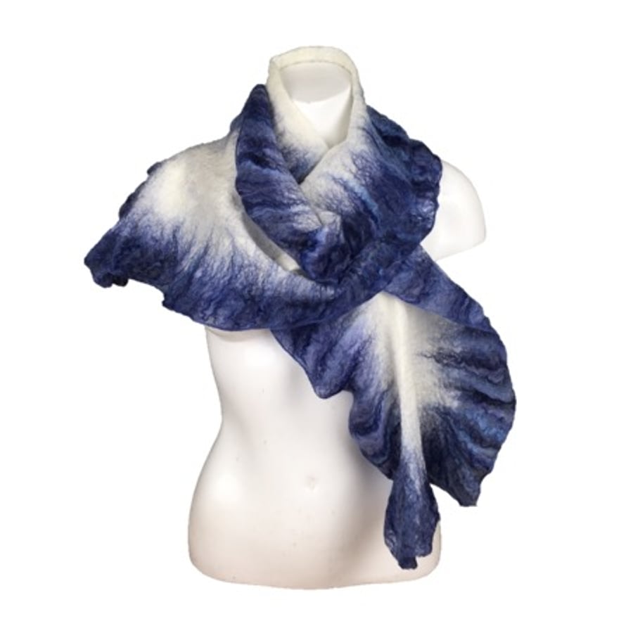 Nuno felted scarf with blue ruffled border , merino wool on silk