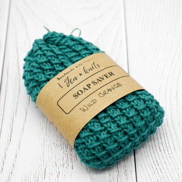Hand knitted cotton soap saver - Teal - with Wild Orange soap
