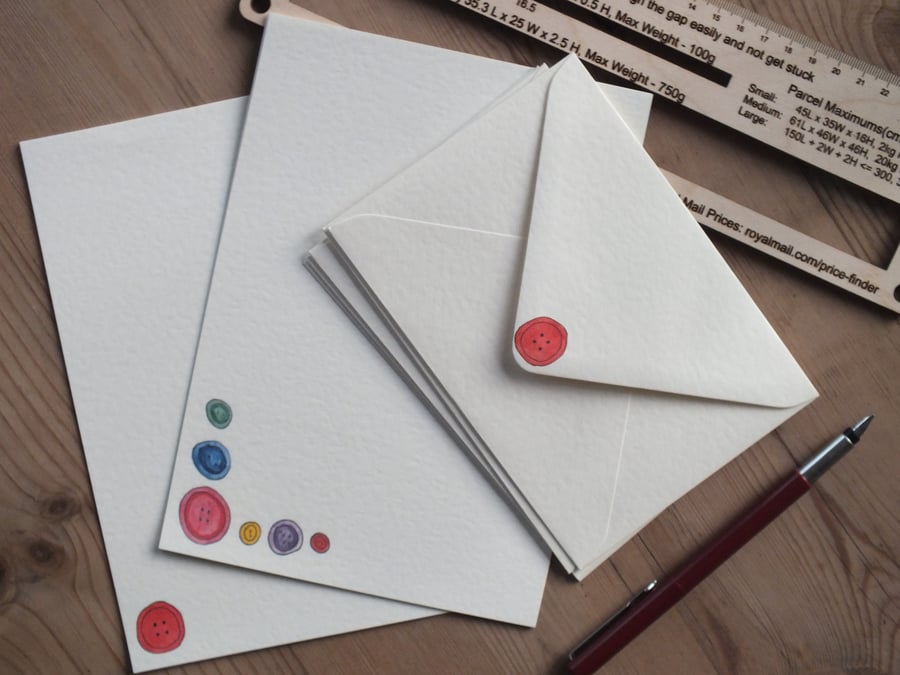 Illustrated letter paper and envelopes with original buttons design