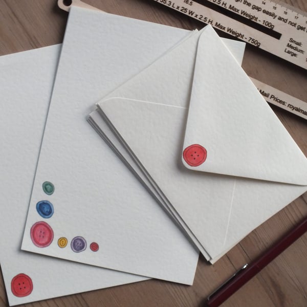 Illustrated letter paper and envelopes with original buttons design