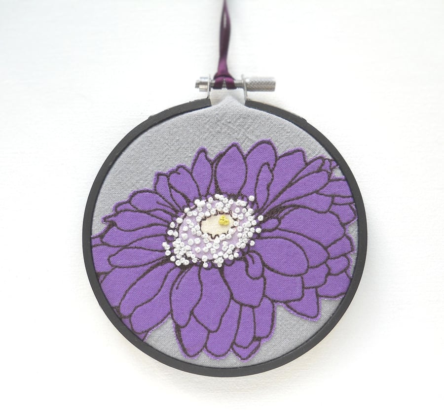 free motion and hand embroidered floral textile hoop original art purple