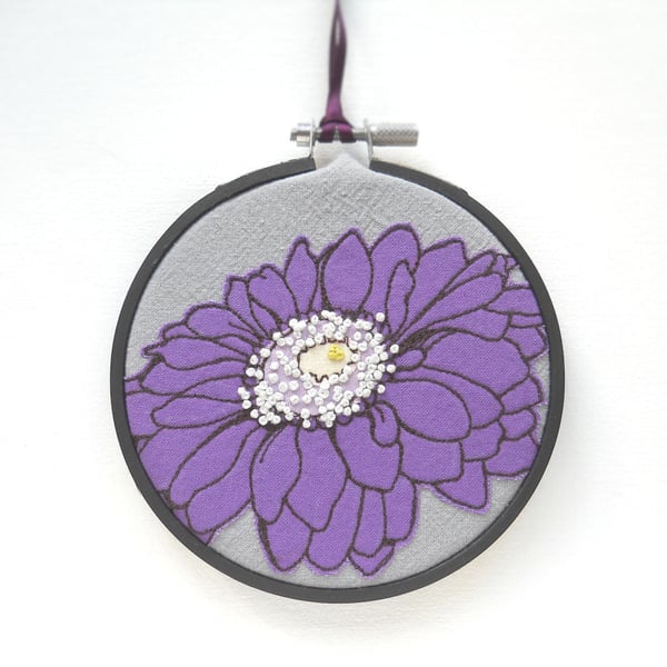 free motion and hand embroidered floral textile hoop original art purple
