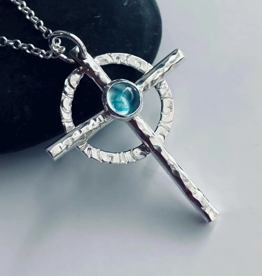 Recycled Sterling Silver Topaz Cross Pendant, Handmade in Scotland