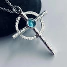 Recycled Sterling Silver Topaz Cross Pendant, Handmade in Scotland