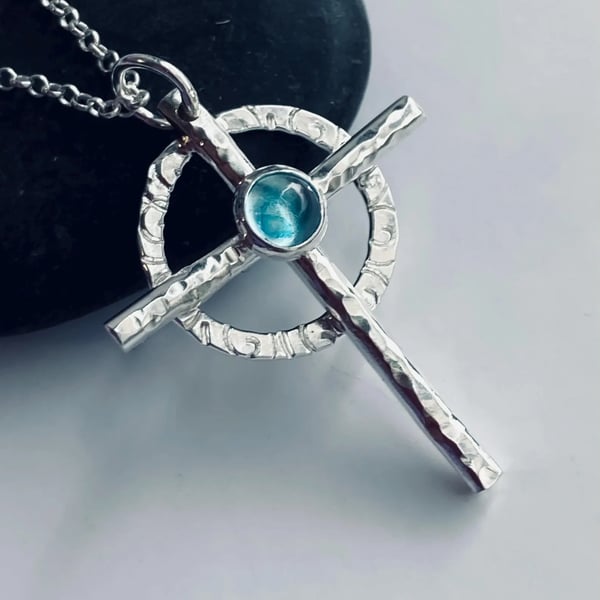 Recycled Sterling Silver Topaz Cross Pendant, Handmade in Scotland