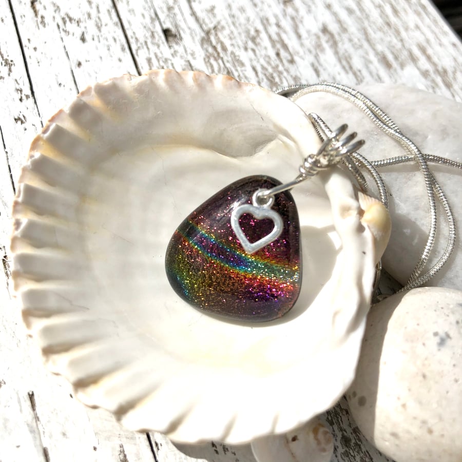 Sterling Silver & Glass Necklace in Rainbow Colours with Silver Heart Charm