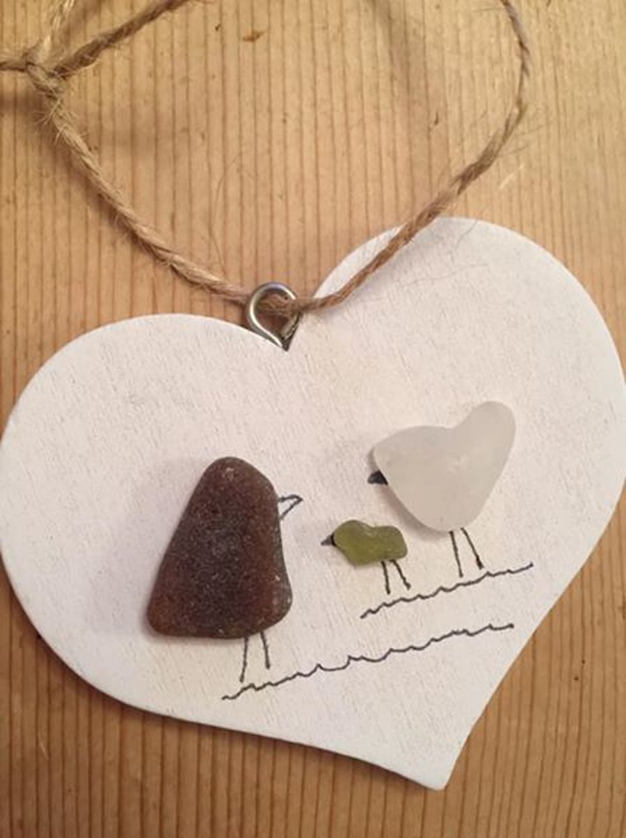 Sea Glass Birds on Wooden Heart