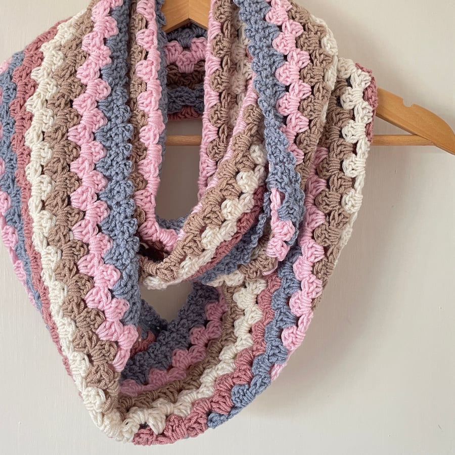 Multicoloured Crochet Infinity Scarf - Handmade - Retro - Granny Stripe - Pink