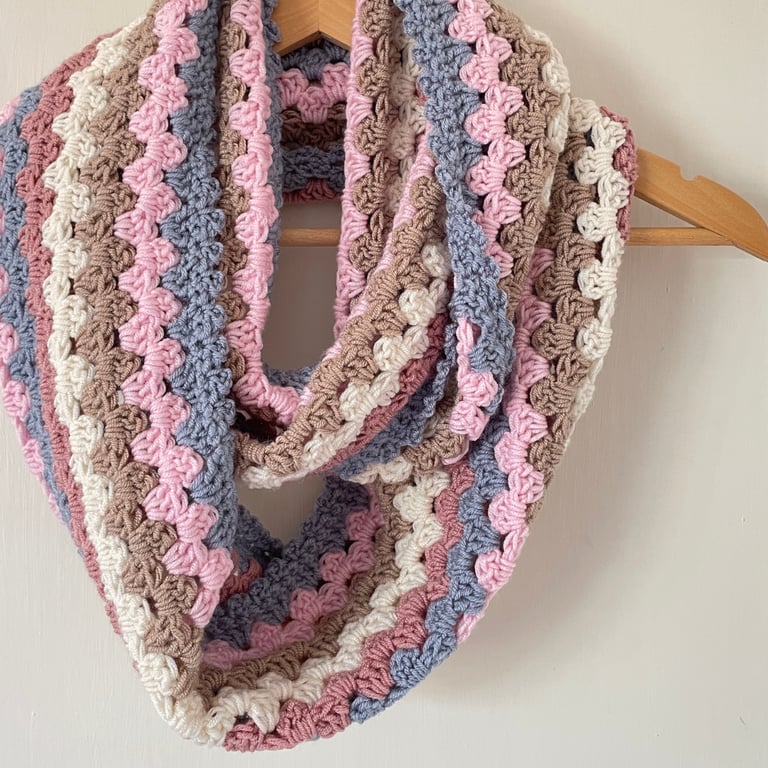 Multicoloured Crochet Infinity Scarf - Handmade - Retro - Granny Stripe - Pink