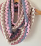 Multicoloured Crochet Infinity Scarf - Handmade - Retro - Granny Stripe - Pink