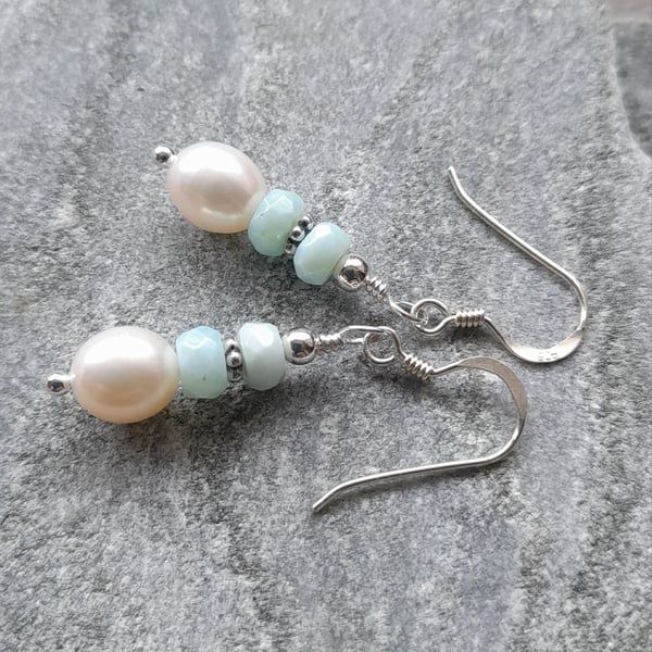 Freshwater Pearl and Opal Sterling Silver Earrings