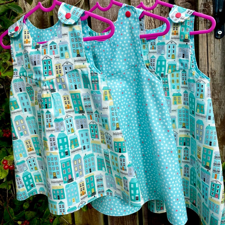 Homes and Hearts Turquoise Reversible Dress - 3-6 months 