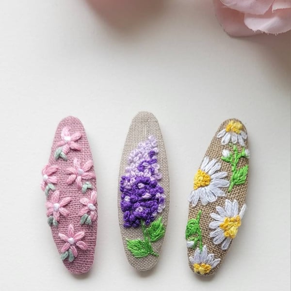 Hand embroidered hair clips vintage fashion floral snaps clip lilac and daisy ov