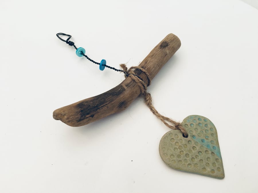 Driftwood, Loveheart hanger, pottery, gift idea, birthday, clay, home decor