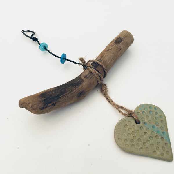 Driftwood, Loveheart hanger, pottery, gift idea, birthday, clay, home decor