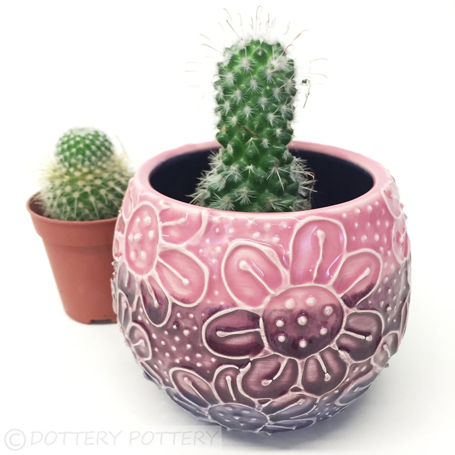 Purple ceramic pot small pottery bowl beautiful raised pattern plant pot