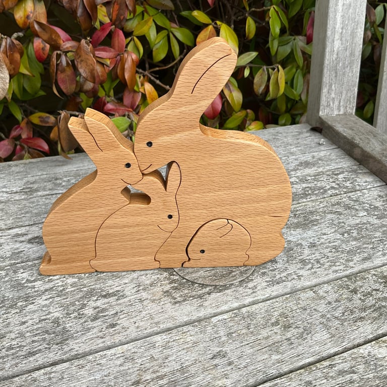 Set of 4 Beech Wood Interlocking Rabbits Freestanding Sculpture - Satin Finish