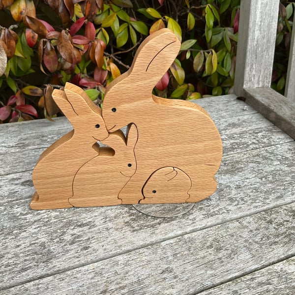 Set of 4 Beech Wood Interlocking Rabbits Freestanding Sculpture - Satin Finish